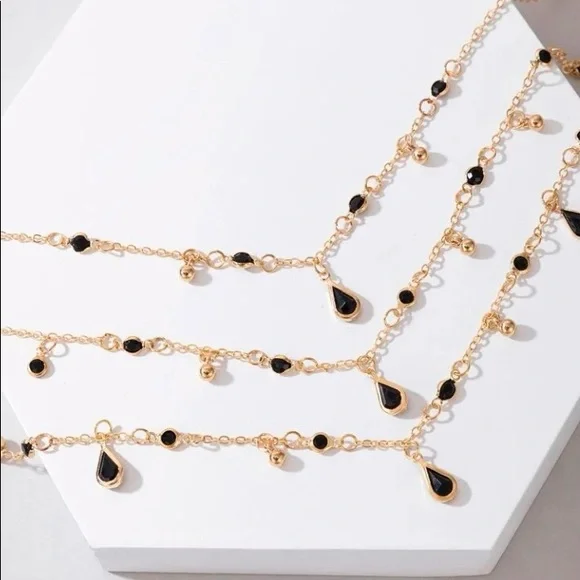 Water Drop 3 Layer Necklace (black/gold) - Picture 2 of 9